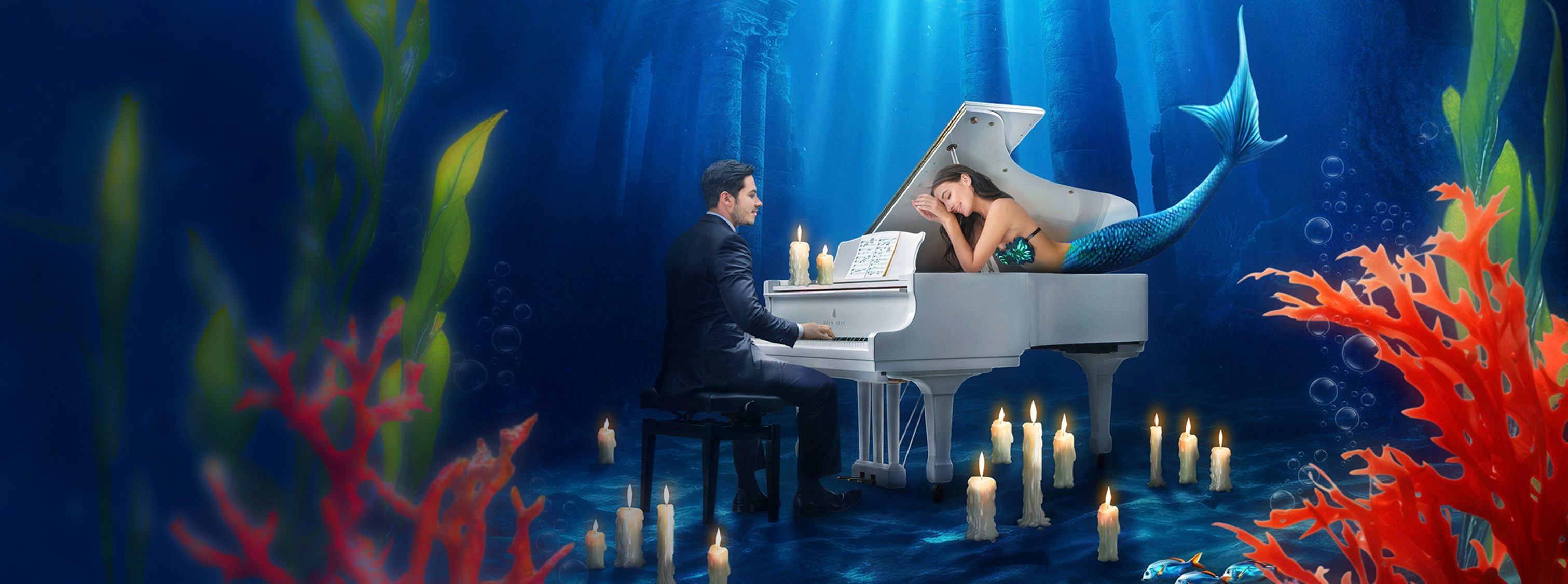 Surrealistyczny plakat miłosny z syrenką i mężczyzną grającym na fortepianie, artystyczny kolaż pełen symboli