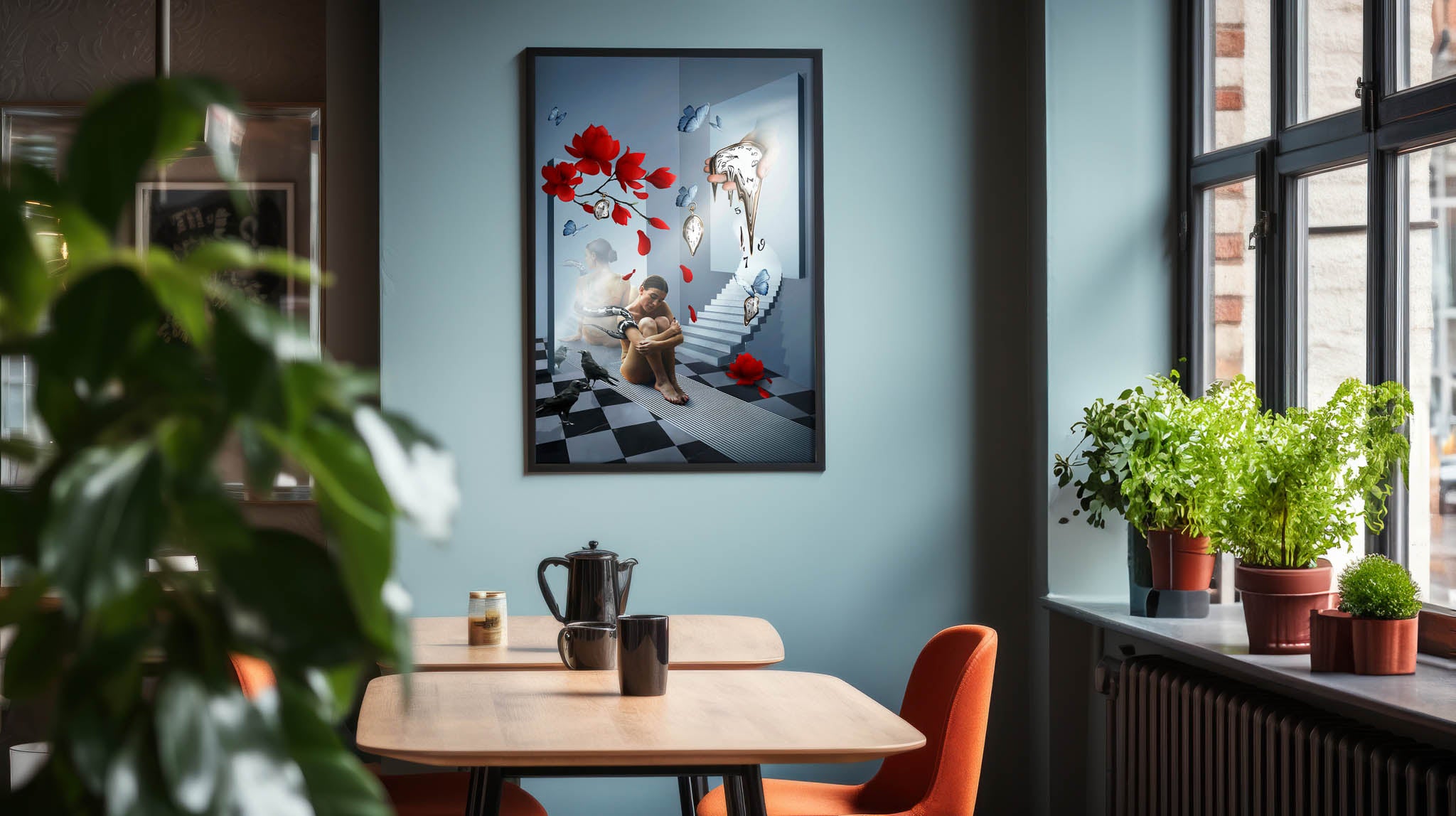 Niebieski surrealistyczny plakat z kobietą, lustrami, topniejącymi zegarami i motylami – artystyczna dekoracja ściany
