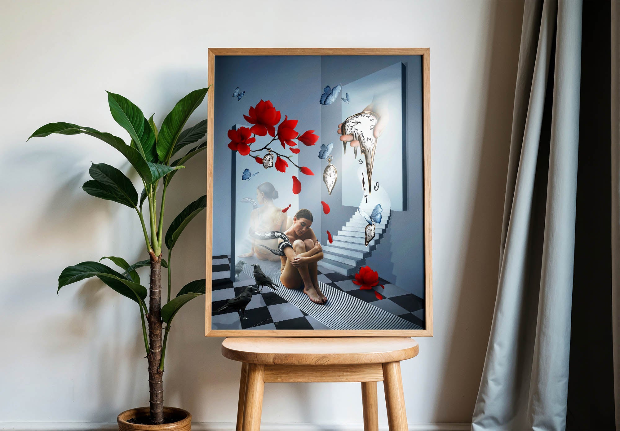Surrealistyczny plakat do nowoczesnego wnętrza – niebieska kompozycja symbolizująca czas, refleksję i emocje