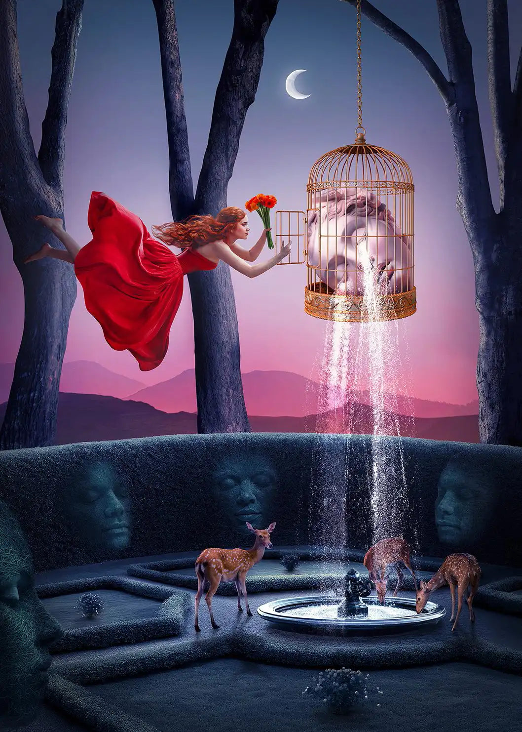 Artystyczny plakat „Delicacy”, surrealistyczna grafika z motywem klatki i łez w różowych i granatowych tonach.
