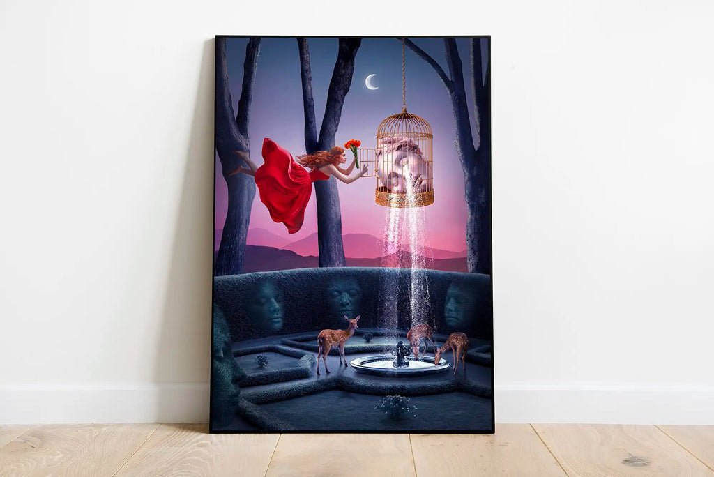 Plakat surrealistyczny „Delicacy”, granatowo-różowy digital collage o emocjach i delikatności.
