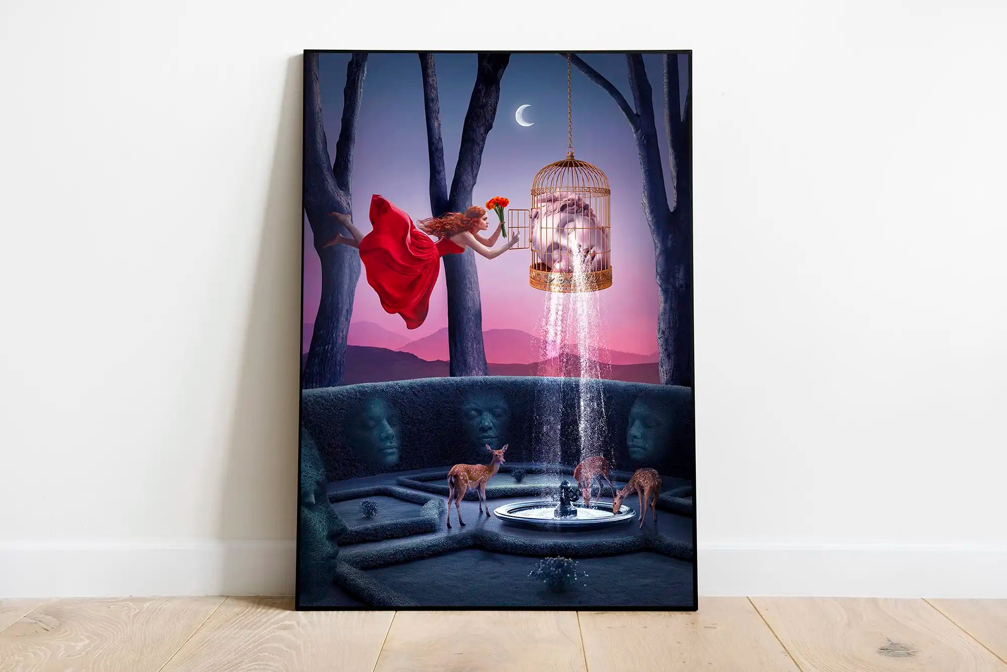 Plakat surrealistyczny „Delicacy”, granatowo-różowy digital collage o emocjach i delikatności.