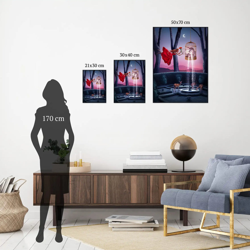 Różne rozmiary surrealistycznego kolaż u cyfrowego  „Delicacy”, nowoczesny plakat w odcieniach granatu i różu.
