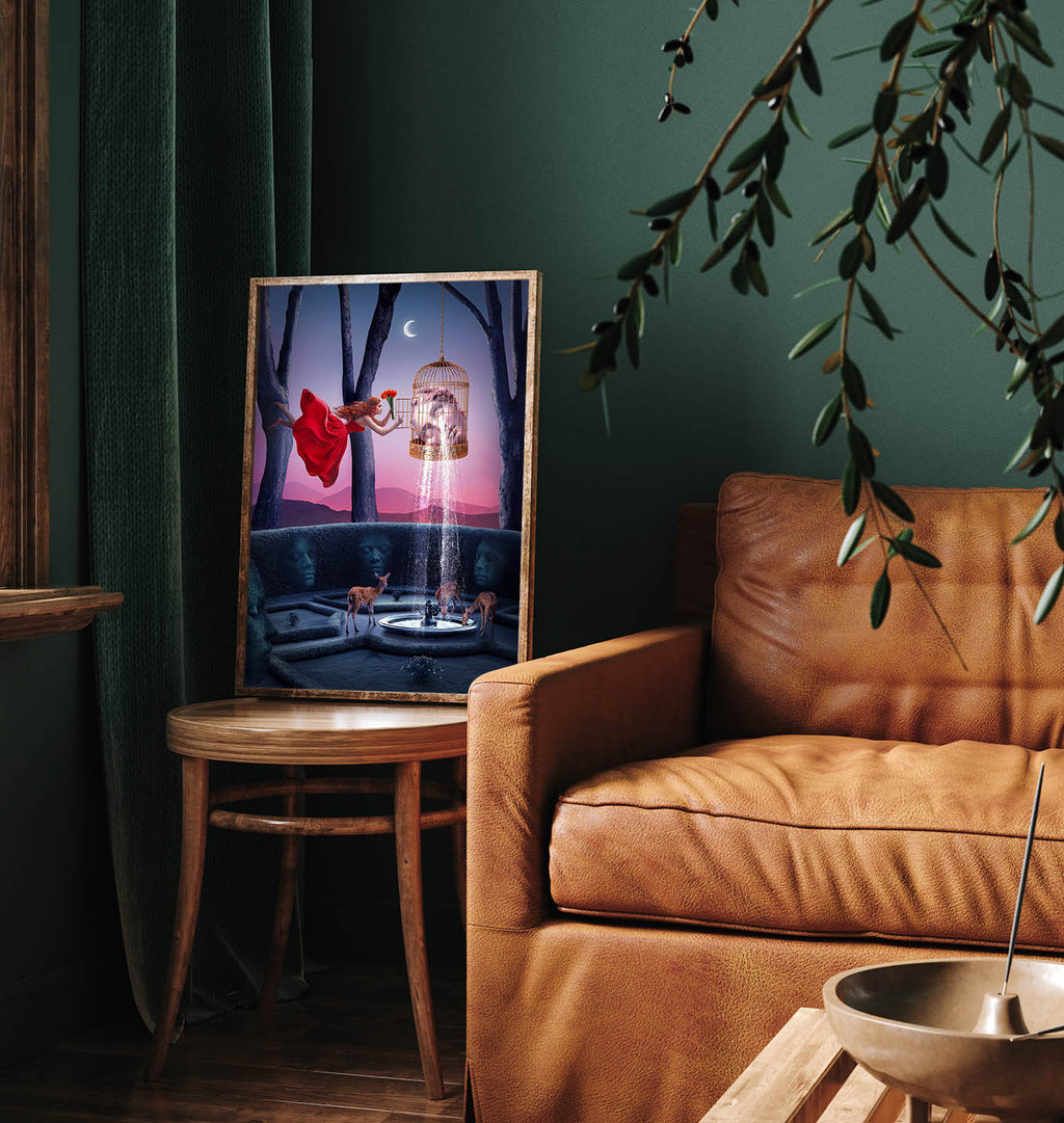 Surrealistyczny plakat artystyczny w fioletowych odcieniach przedstawiający kobietę, z której łez powstaje symboliczny wodospad. Emocjonalna scena została stworzona jako cyfrowy kolaż, łączący nowoczesną sztukę cyfrową z surrealistyczną estetyką. Idealny jako dekoracja ścienna do salonu, sypialni lub kreatywnej przestrzeni.