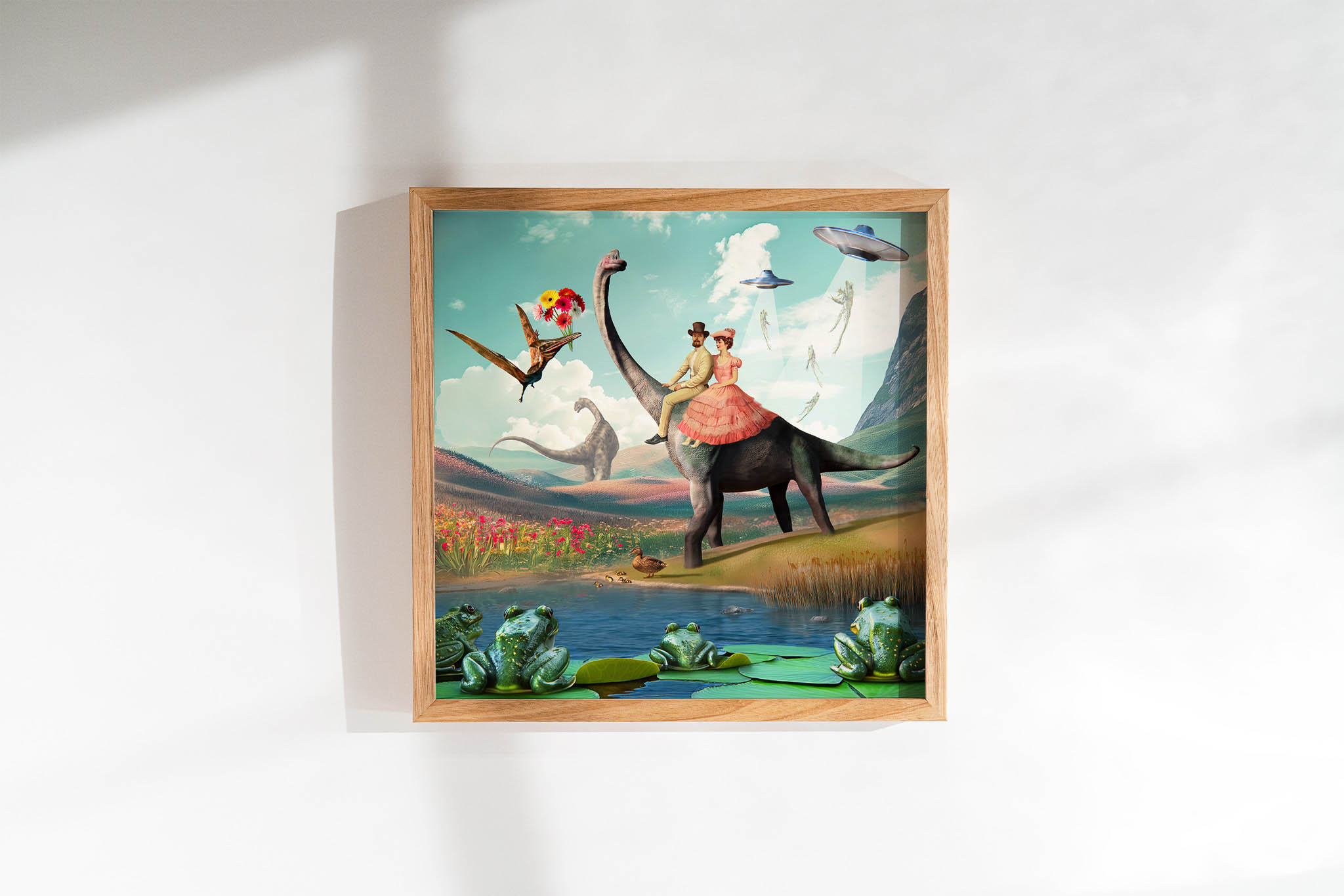 Surrealistyczna sztuka vintage przedstawiająca zakochaną parę na dinozaurze pod tajemniczym UFO, oryginalny kolaż artystyczny fantasy, wyjątkowy plakat dekoracyjny na ścianę