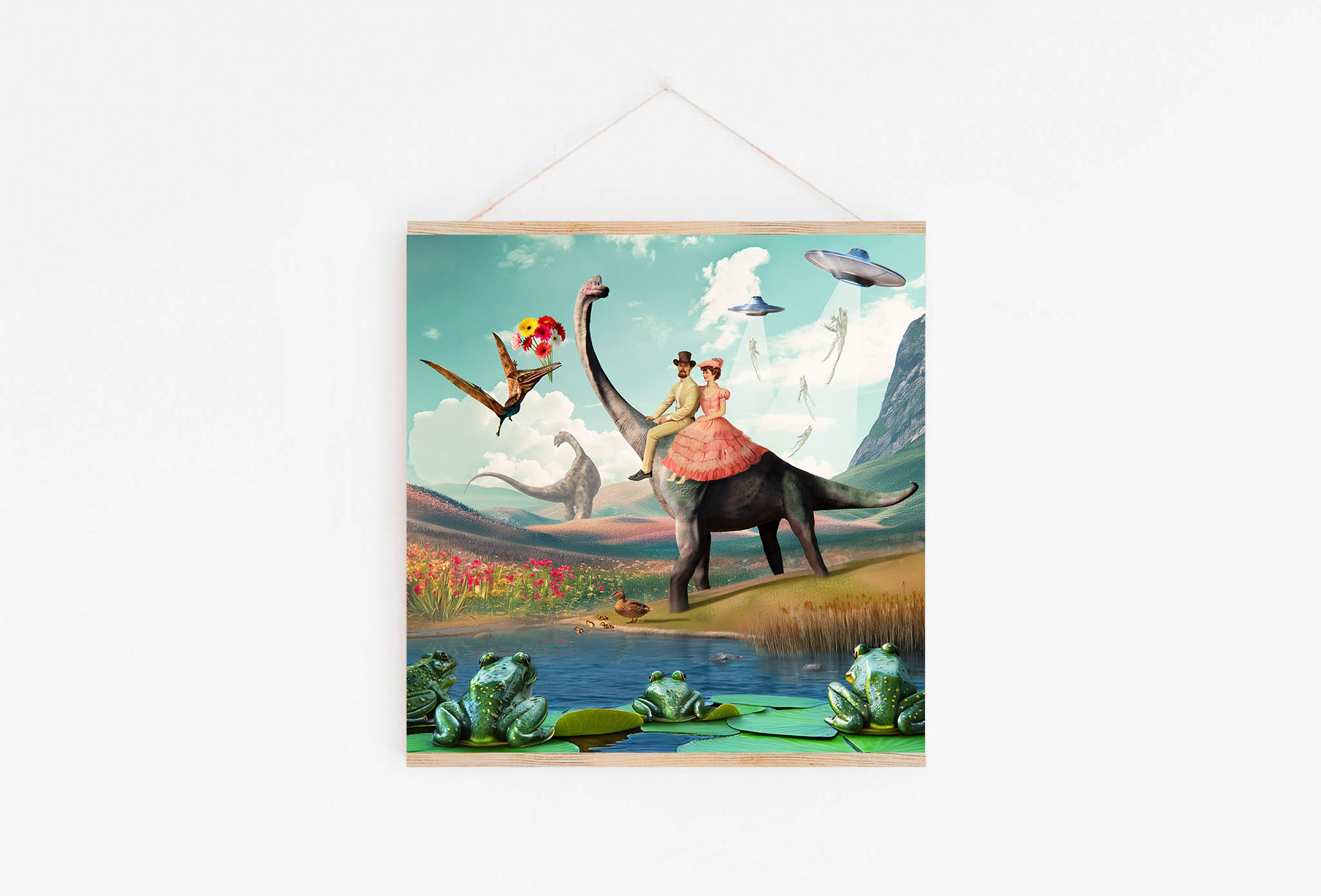 Surrealistyczny plakat z dinozaurem, UFO i żabami, vintage collage art print przedstawiający niezwykłą historię miłości i przygody, oryginalna dekoracja ścienna fantasy do domu