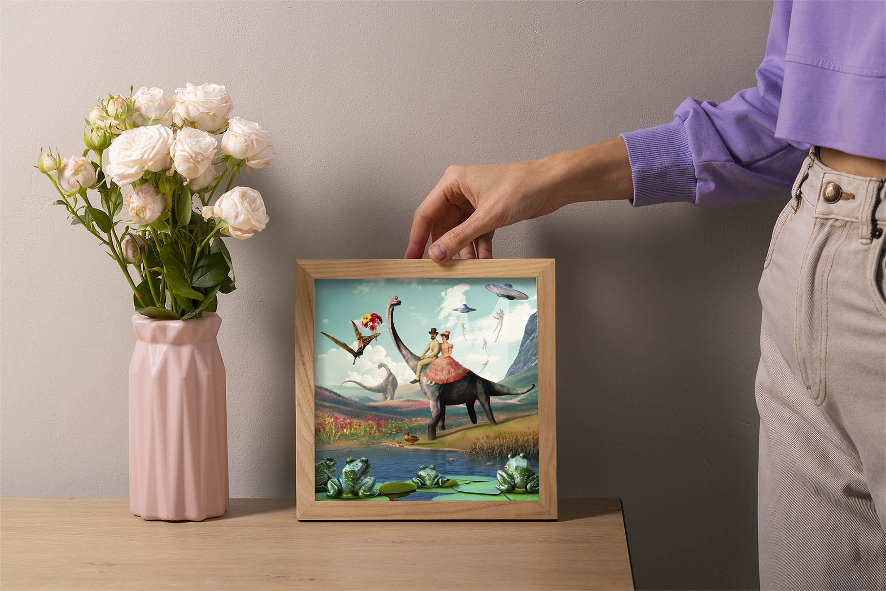 Oryginalny plakat dinozaurów w stylu surrealistycznym, vintage wall art z UFO, żabami i romantycznym motywem, wyjątkowa dekoracja ścienna fantasy dla dzieci i dorosłych