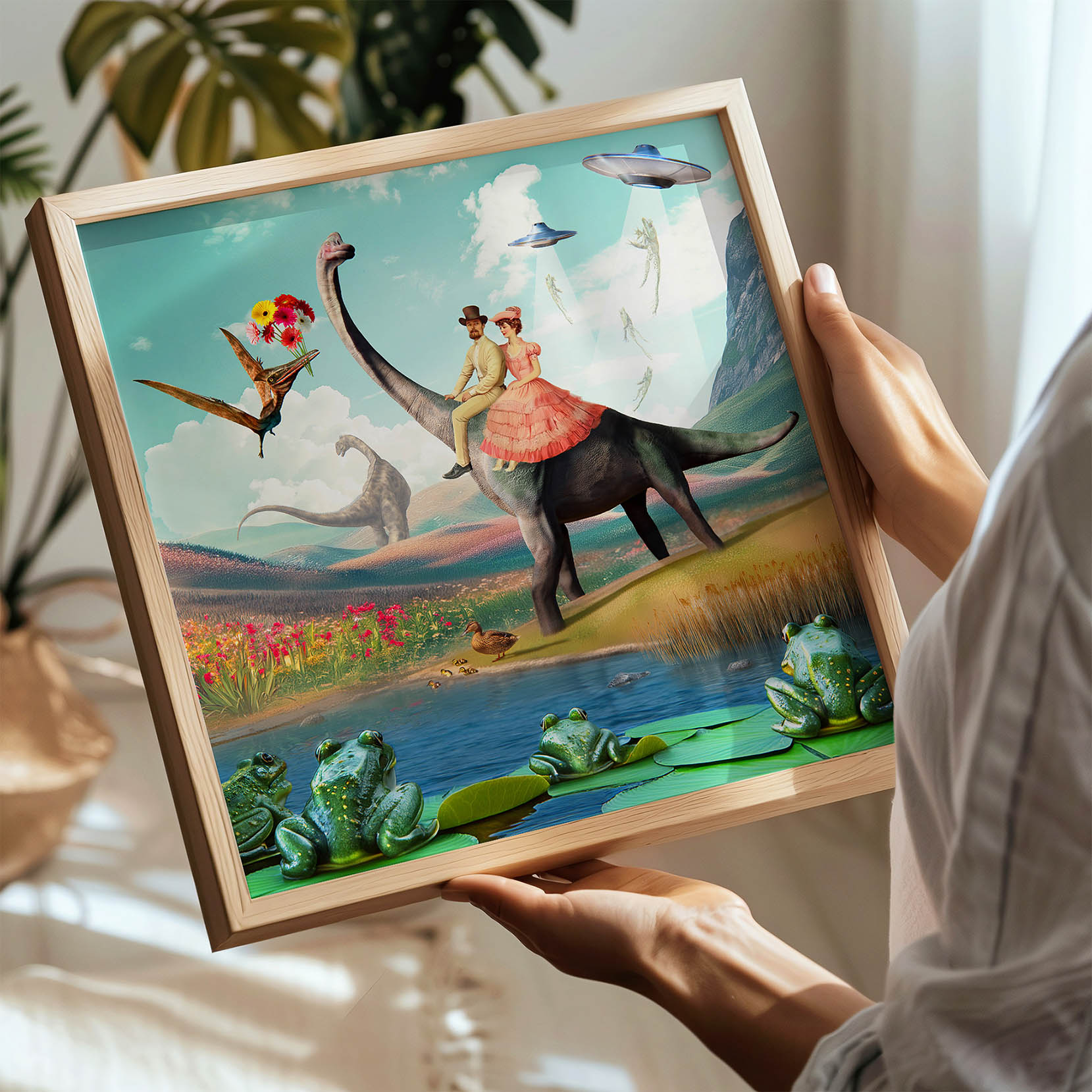 Oryginalny surrealistyczny print z dinozaurem, UFO i żabami, vintage art poster inspirowany fantazją, miłością i nieoczywistymi połączeniami, wyjątkowa sztuka ścienna do domu