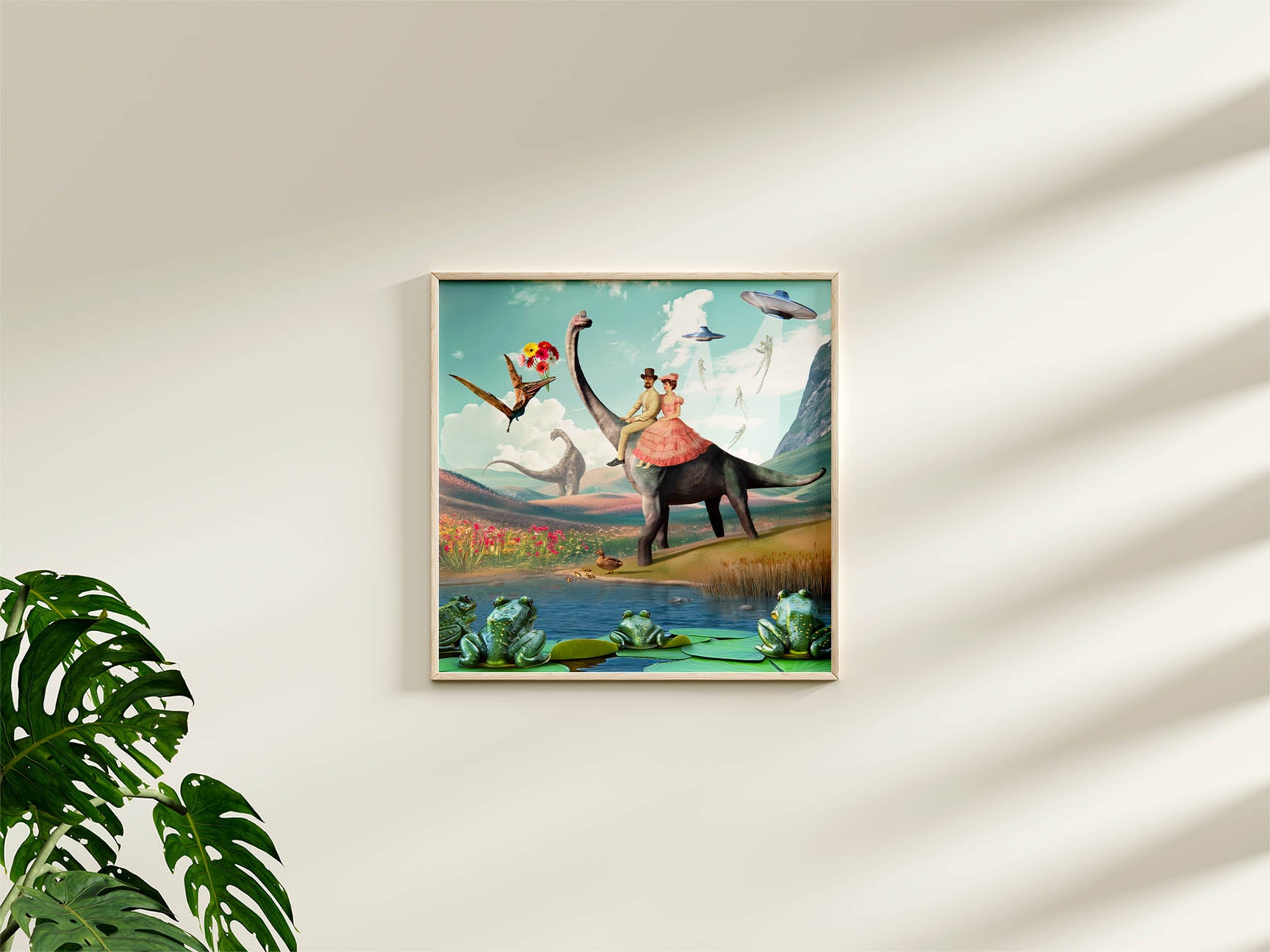 Bajkowy plakat z dinozaurem dla dzieci, surrealistyczna dekoracja pokoju z kosmicznym UFO, żabami i kolorowymi detalami, vintage art print pełen wyobraźni i fantazji