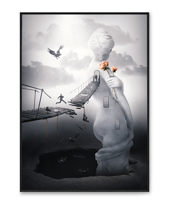 Artystyczny plakat „Falling in Love” pełen symboli, metafor i emocji związanych z poszukiwaniem miłości