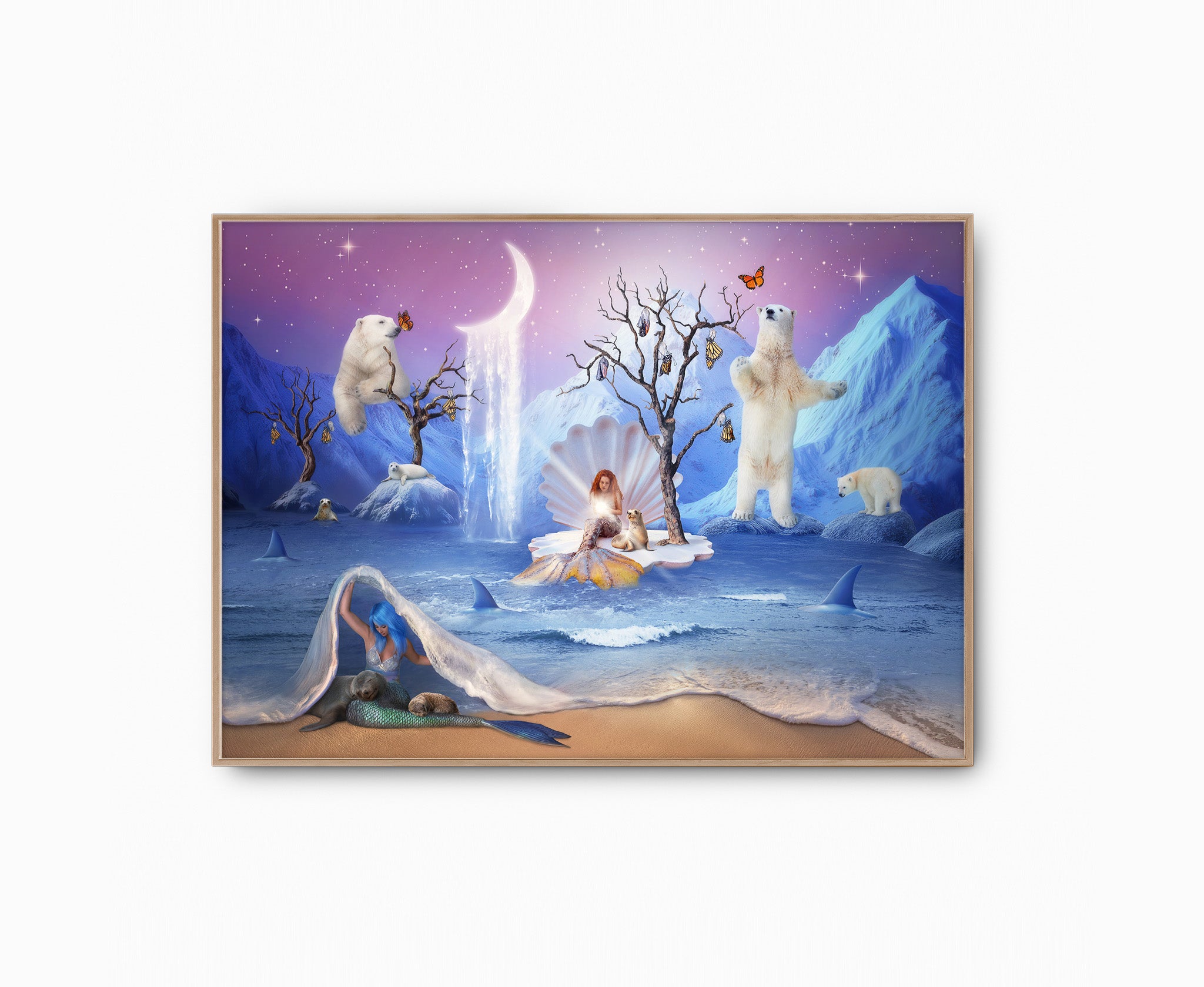 Surrealistyczny fioletowy plakat z syrenkami, rekinami, fokami i niedźwiedziami polarnymi – fantastyczna ilustracja oceanu dla dzieci i dorosłych.