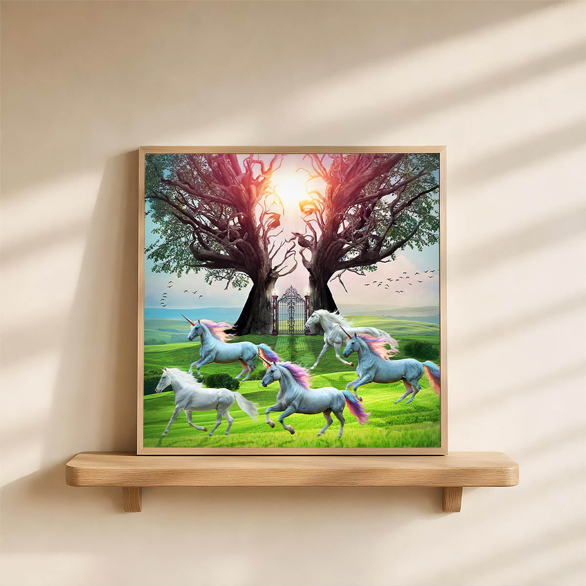 Plakat z jednorożcem i końmi, surrealistyczna grafika fantasy w stylu artystycznego kolażu, wyjątkowa dekoracja ścienna do domu.