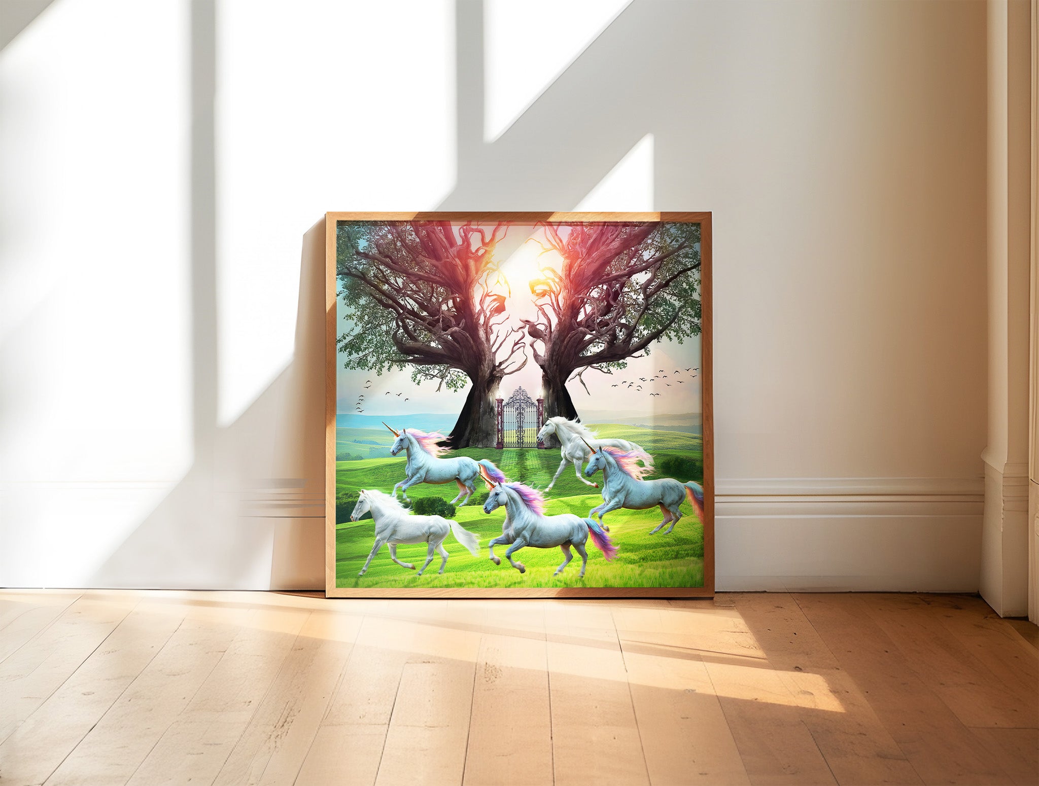 Plakat fantasy z końmi i jednorożcem, artystyczny kolaż przedstawiający magiczny świat natury, wolności i romantycznej symboliki.