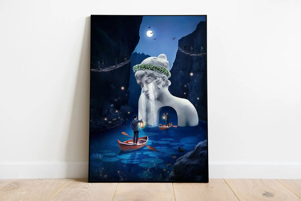 Plakat abstrakcyjny granatowy, surrealistyczny digital collage, nowoczesna dekoracja ścienna.