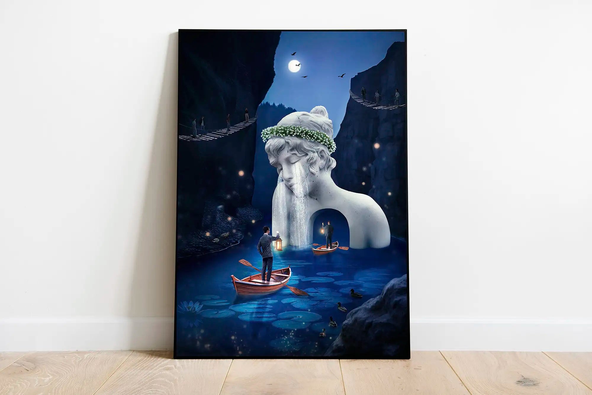 Plakat abstrakcyjny granatowy, surrealistyczny digital collage, nowoczesna dekoracja ścienna.