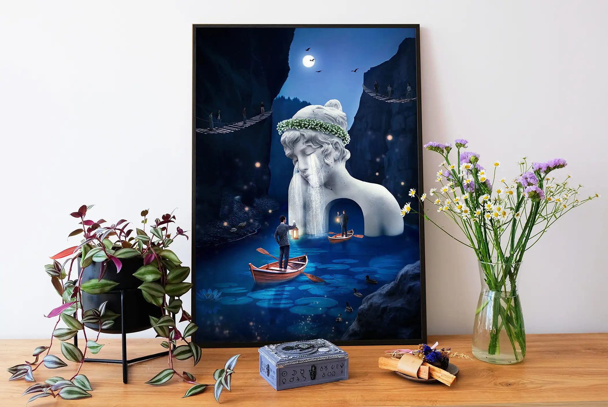 Nowoczesny ciemnoniebieski plakat abstrakcyjny, surrealistyczna grafika cyfrowa.