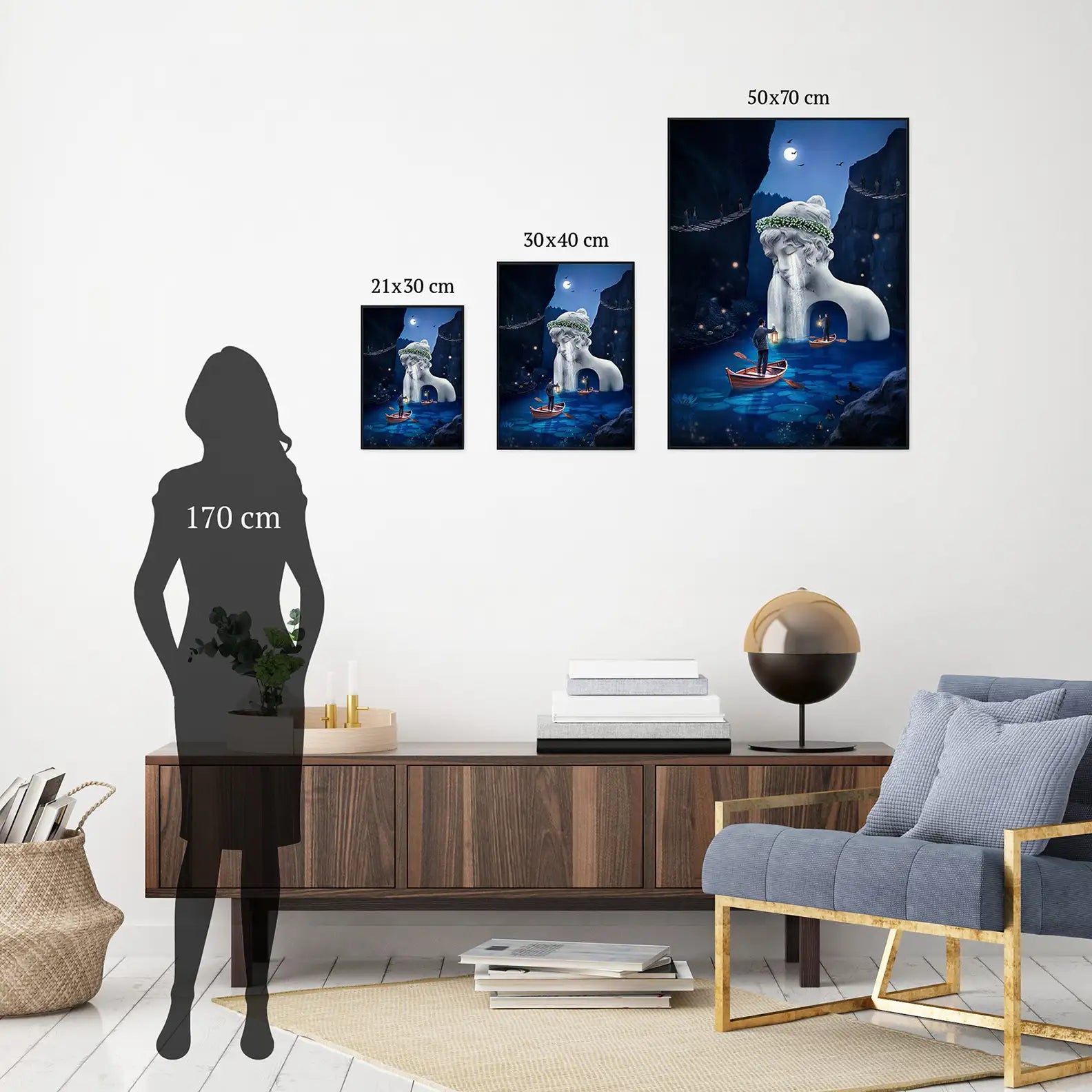 Ciemnoniebieski plakat surrealistyczny, cyfrowy kolaż, prezentacja różnych wymiarów do wyboru