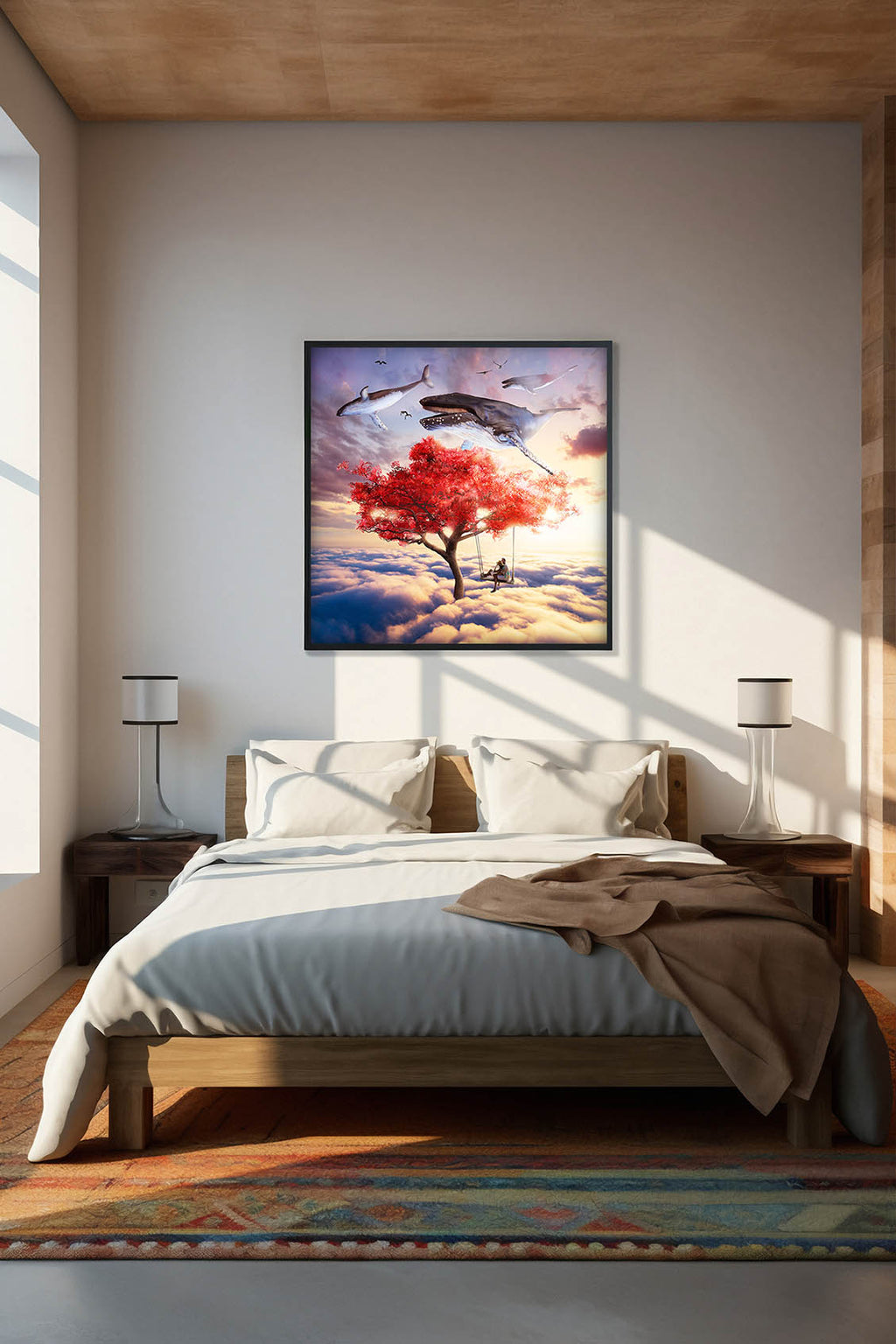 Surrealistyczny plakat z wielorybami unoszącymi się wśród chmur oraz parą na huśtawce. Wyjątkowa dekoracja ścienna fantasy pełna marzeń i symboliki.