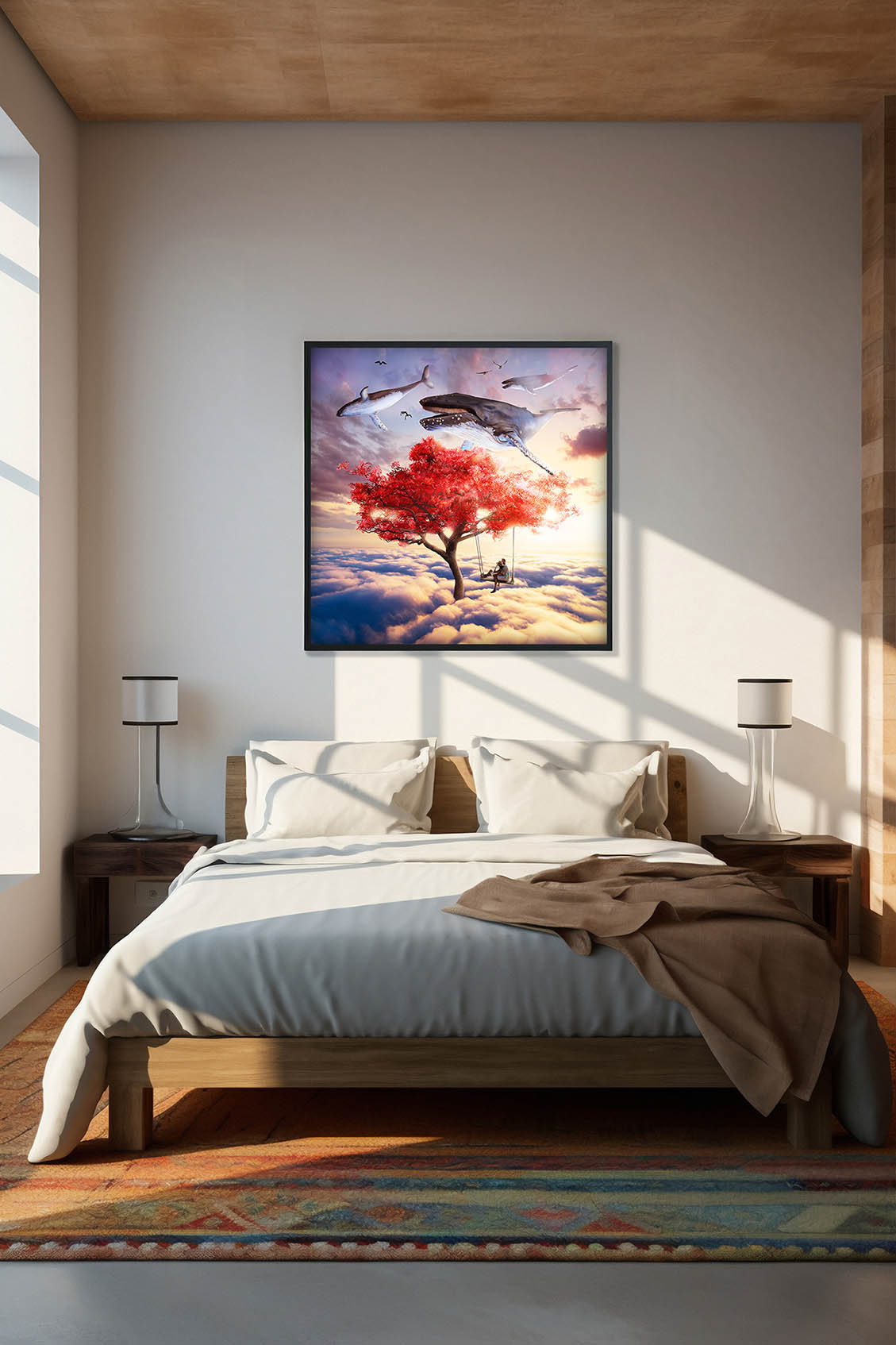 Surrealistyczny plakat z wielorybami unoszącymi się wśród chmur oraz parą na huśtawce. Wyjątkowa dekoracja ścienna fantasy pełna marzeń i symboliki.