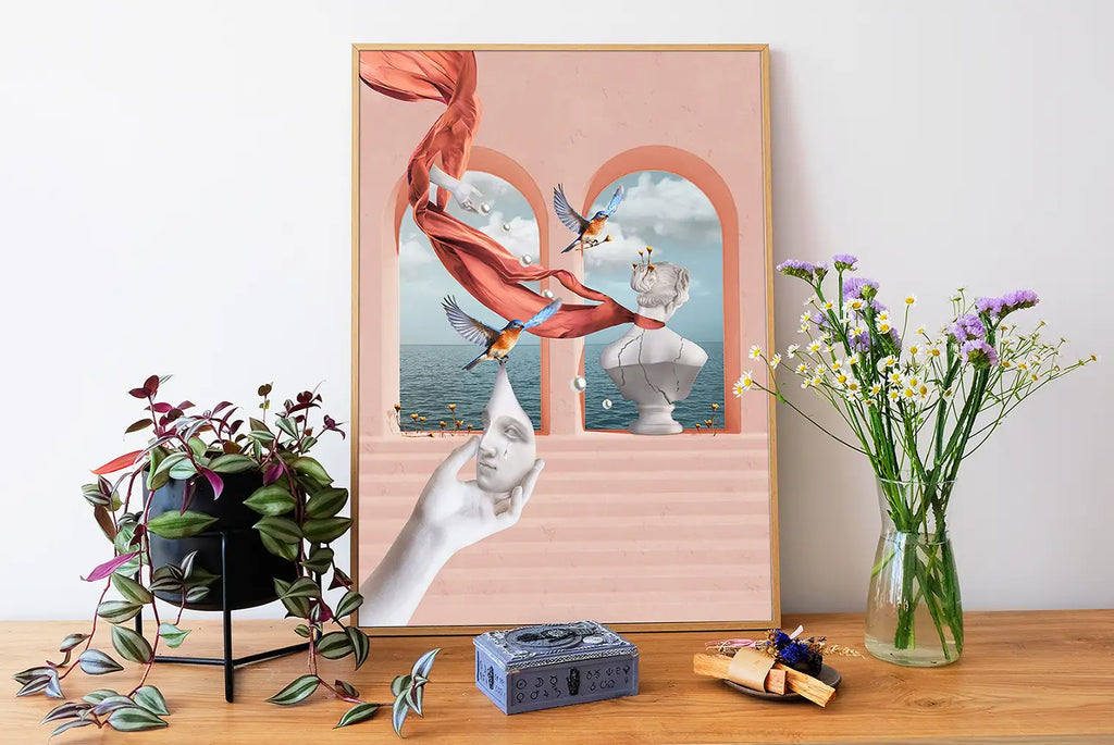 Artystyczny kolaż „Healing” – minimalistyczny surrealistyczny plakat do salonu, biura lub sypialni