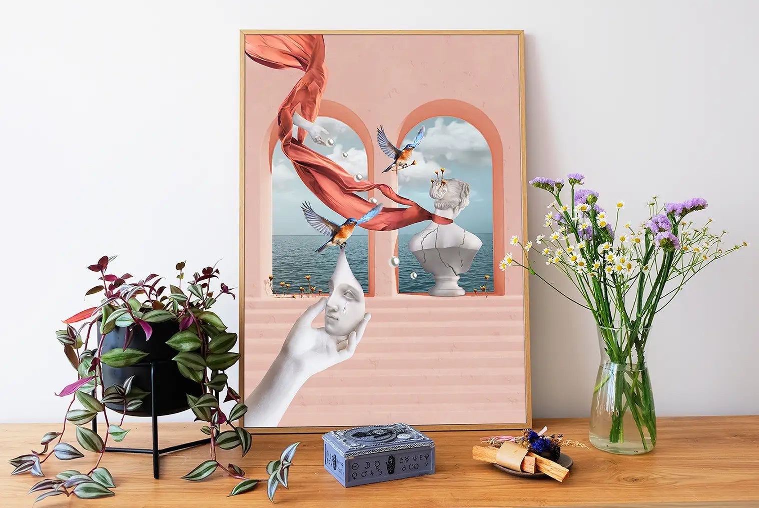 Artystyczny kolaż „Healing” – minimalistyczny surrealistyczny plakat do salonu, biura lub sypialni