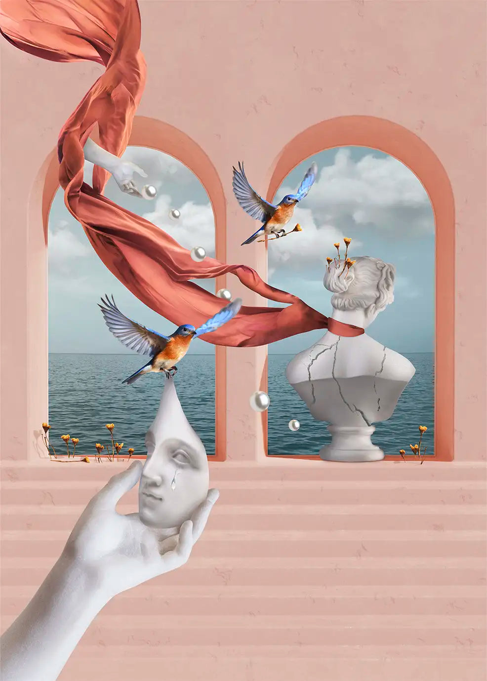 Art print „Healing” przedstawiający surrealistyczny kolaż z kobiecymi motywami i delikatnymi różowymi akcentami