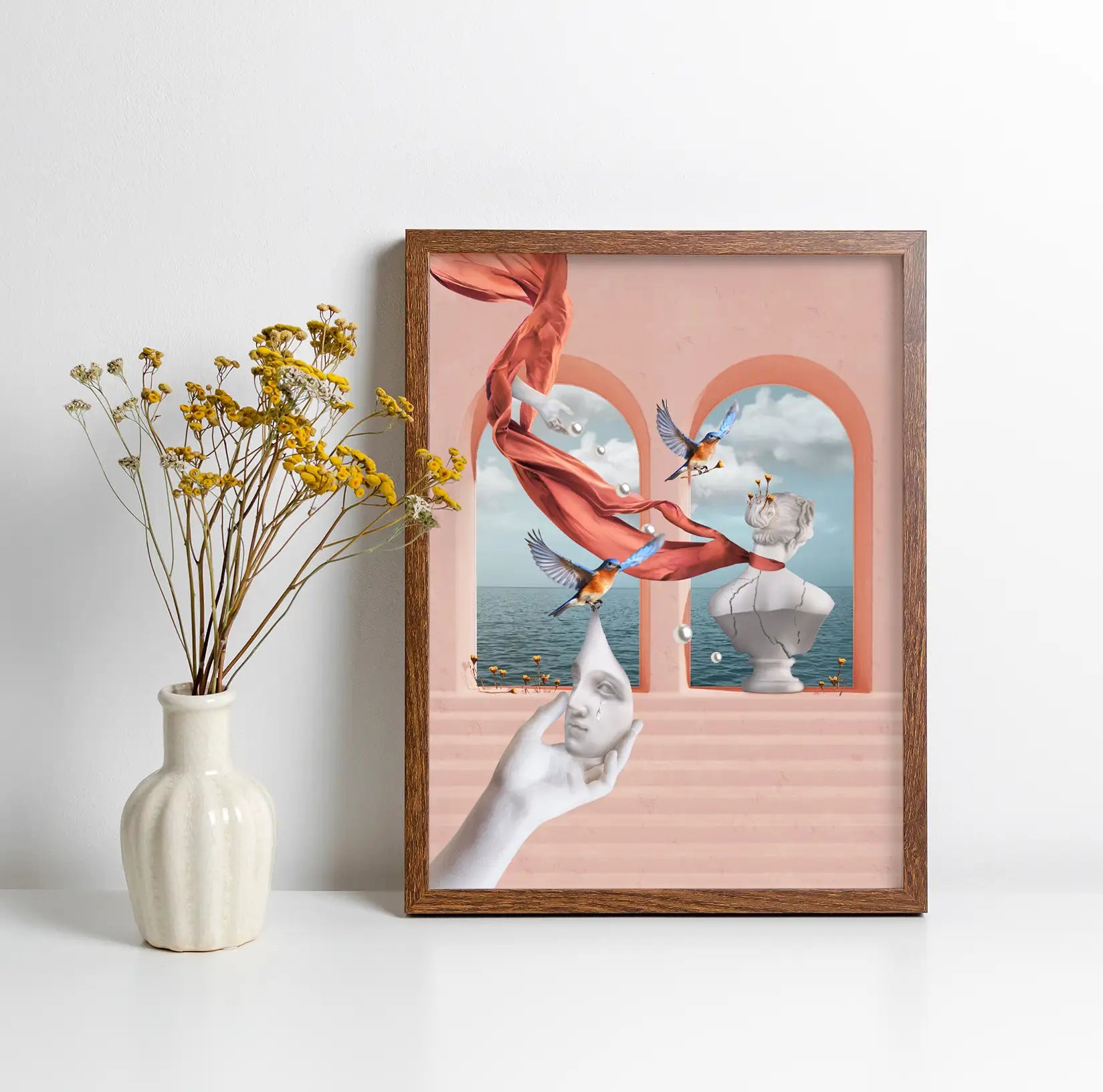 Surrealistyczny print „Healing” z pastelowymi detalami, nowoczesna sztuka ścienna do domu