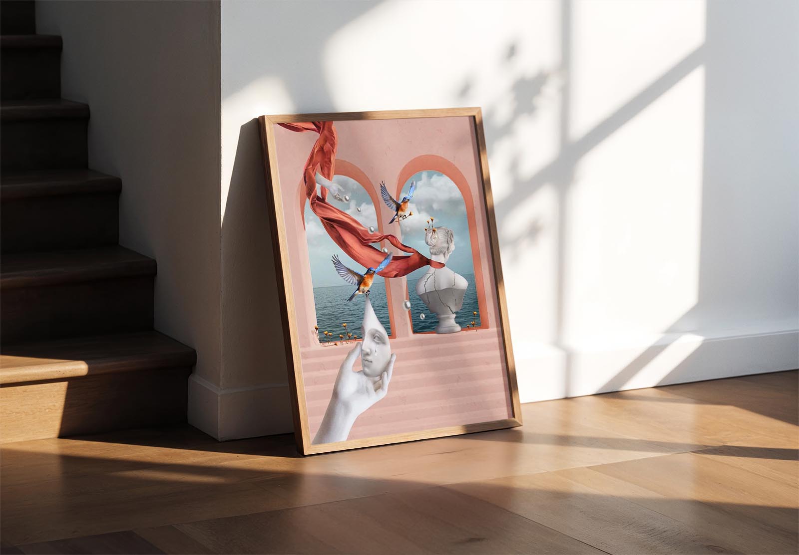 Nowoczesna artystyczna grafika w stylu surrealistycznym, ukazująca metaforyczne motywy natury i wewnętrznej harmonii w subtelnej, emocjonalnej formie.