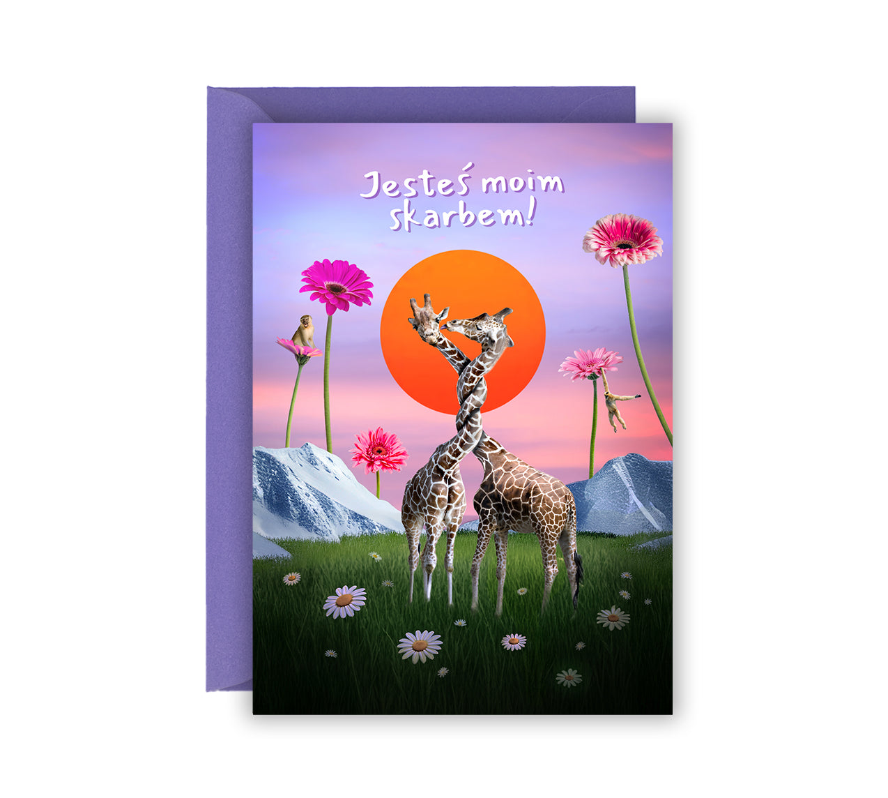 Kartka okolicznościowa miłosna z żyrafami i małpkami na tle zachodu słońca, napis „Jesteś moim skarbem”, romantyczna kartka na walentynki, rocznicę i dla ukochanej osoby