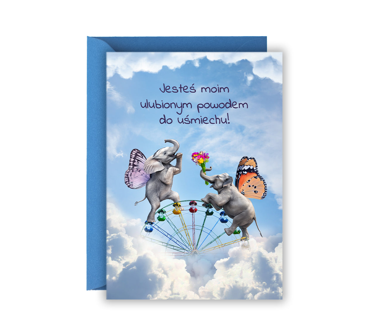 Kartka miłosna ze słoniami w parku rozrywki wręczającymi sobie kwiaty z napisem „Jesteś moim ulubionym powodem do uśmiechu!” na walentynki lub rocznicę