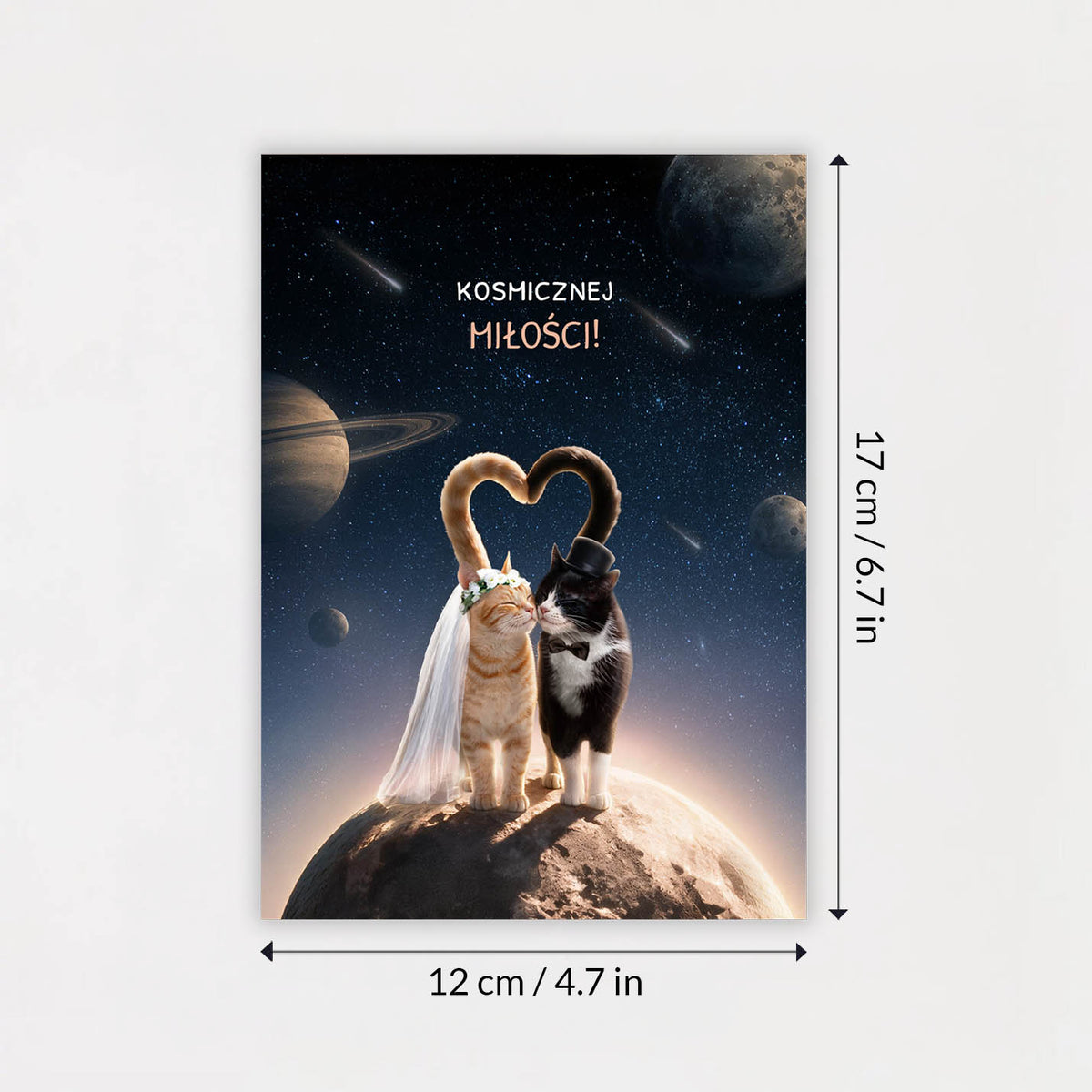 Oryginalna kartka na ślub z kotami stojącymi na księżycu wśród gwiazd i spadających meteorów