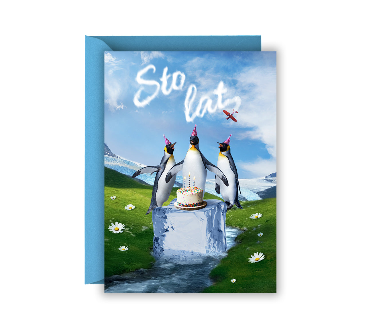 Kartka urodzinowa z pingwinami trzymającymi tort i napisem „Sto lat”, radosna kartka okolicznościowa na urodziny dla bliskiej osoby
