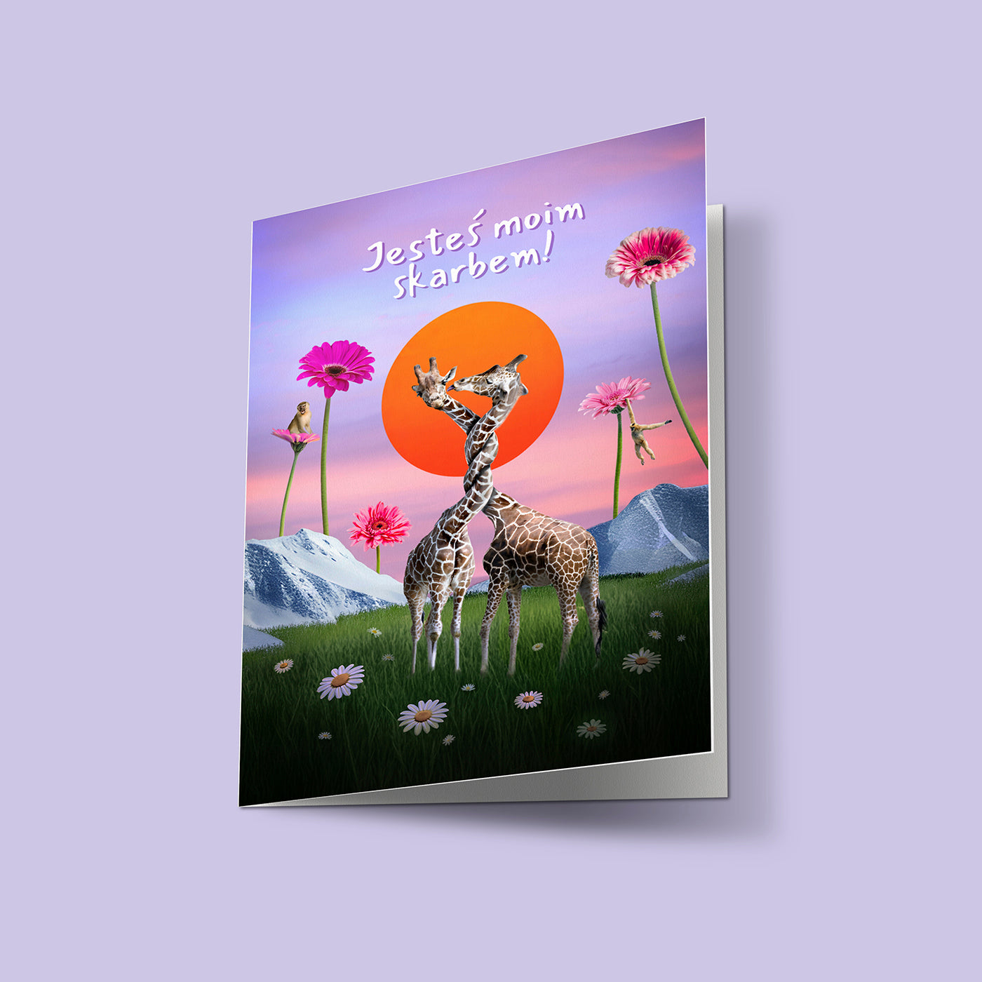 Kartka okolicznościowa miłosna z żyrafami i małpkami na tle zachodu słońca, napis „Jesteś moim skarbem”, romantyczna kartka na walentynki, rocznicę i dla ukochanej osoby