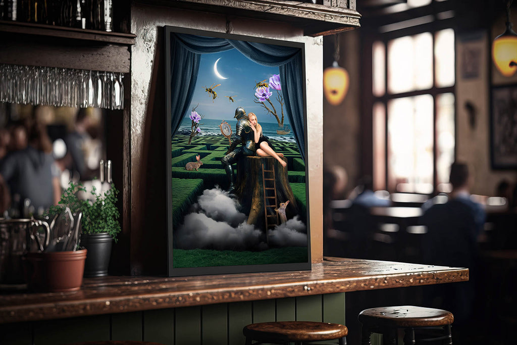 Mistyczny plakat surrealistyczny, labirynt i rycerz w zielono-niebieskich tonacjach