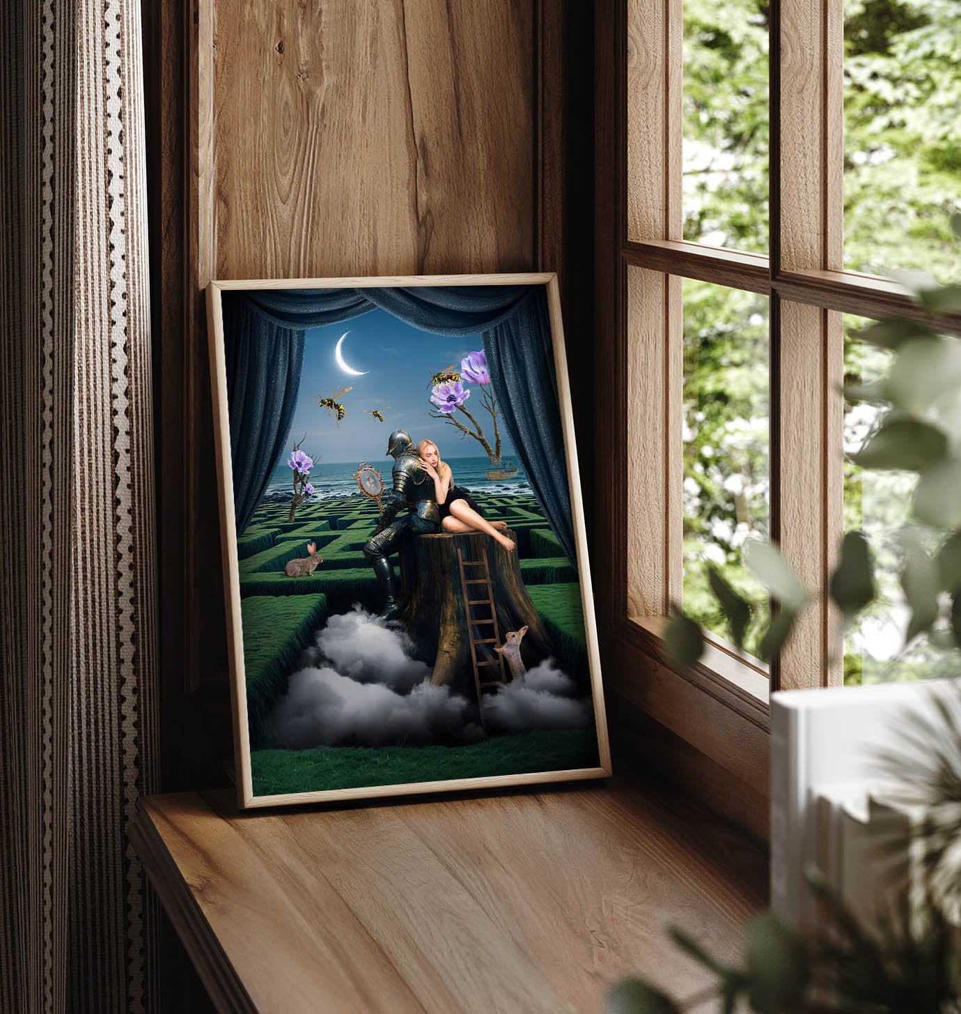 Oryginalny plakat surrealistyczny, pęknięte lustro jako symbol refleksji nad sobą