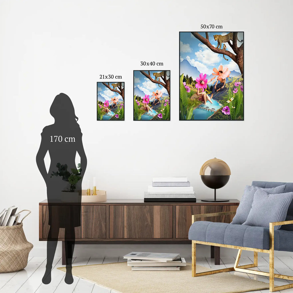 Surrealistyczny plakat kolorowy, letni w różnych rozmiarach, abstrakcyjny kolaż cyfrowy, pokazany na przykładzie dostępnych formatów.
