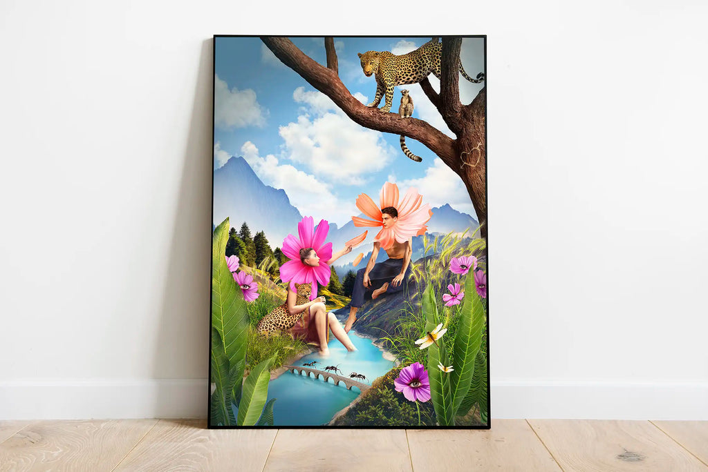 Surrealistyczny plakat ‘Kocha nie kocha’, kolorowy letni digital collage do salonu lub sypialni.