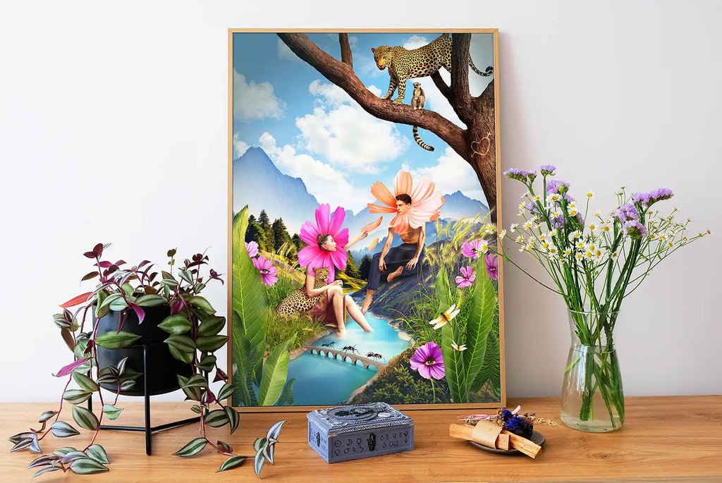 Letni plakat abstrakcyjny ‘Kocha nie kocha’, surrealistyczny kolaż cyfrowy w żywych kolorach.