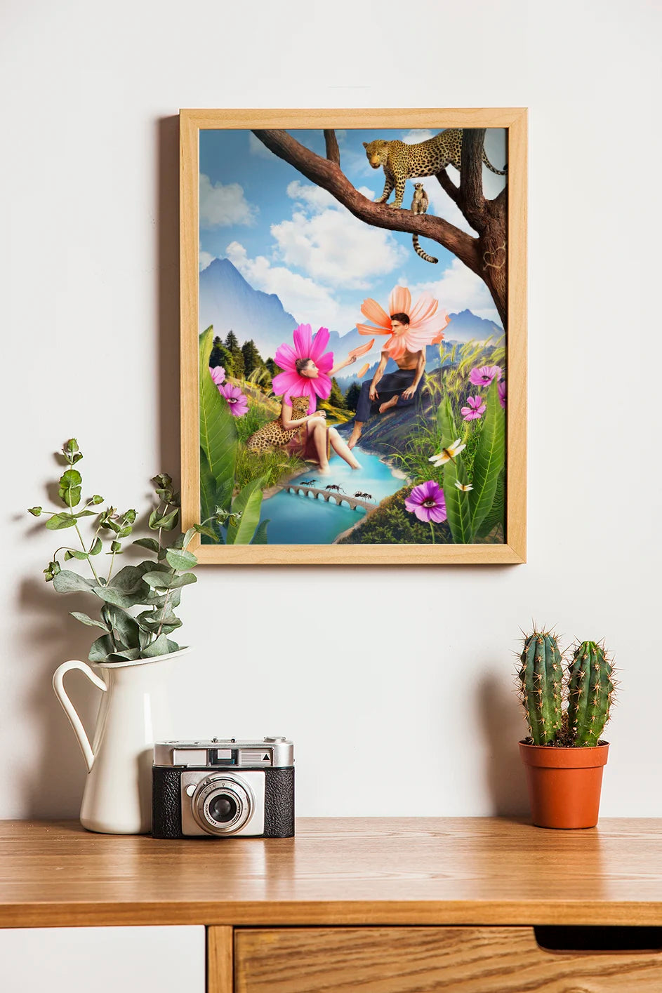 Kolorowy plakat do salonu ‘Kocha nie kocha’, surrealistyczna grafika cyfrowa o letnim klimacie.