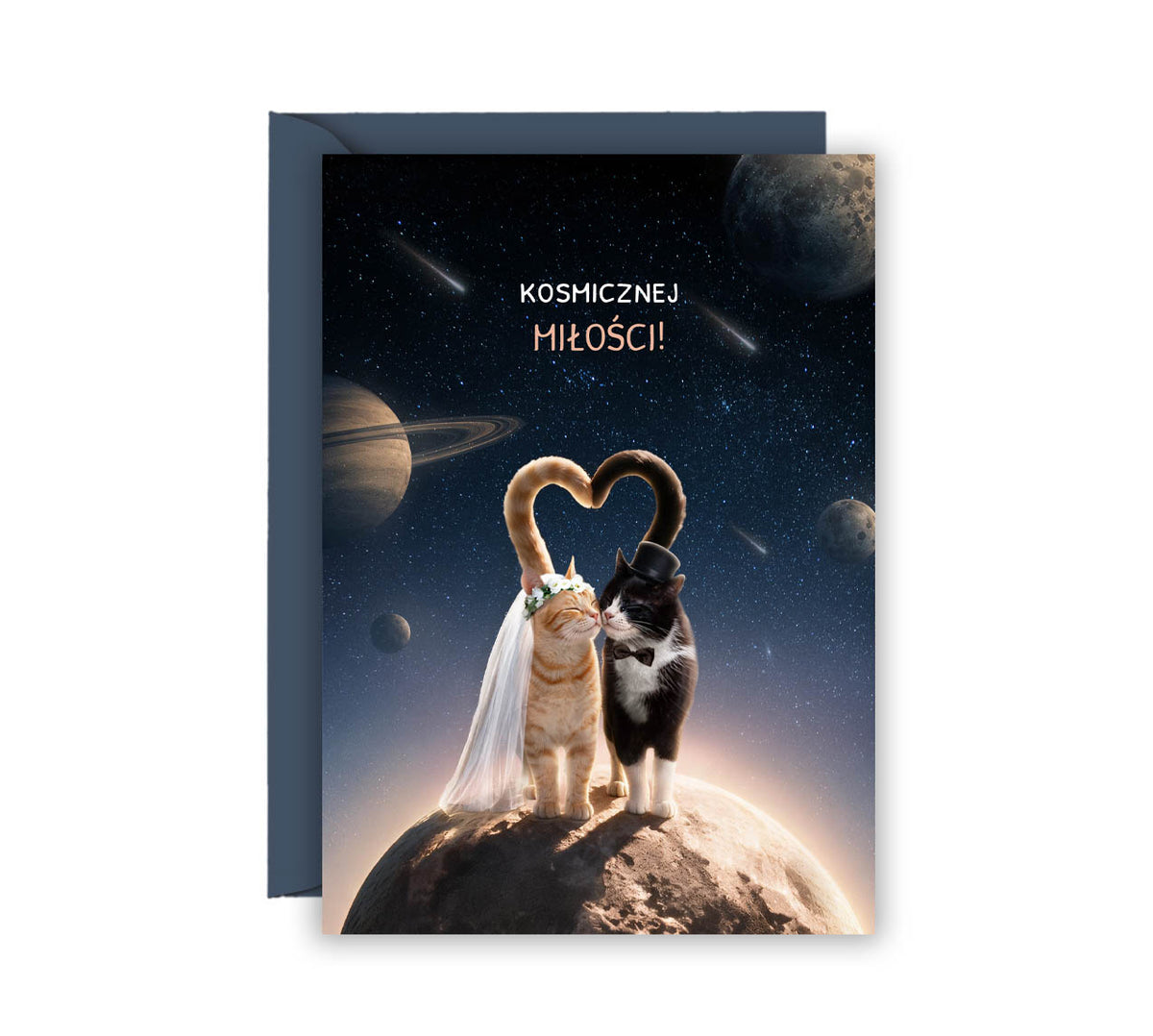 Personalizowana kartka ślubna z imionami Pary Młodej – koty całujące się w kosmosie na tle planet
