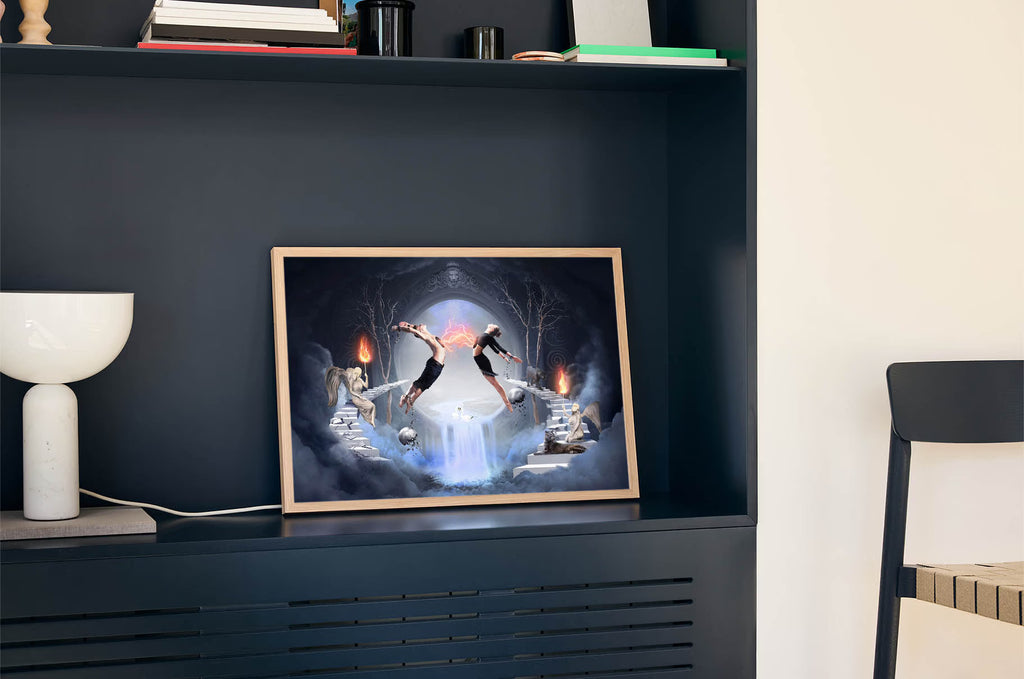 Grafika miłosna ze skrzydłami anioła, nowoczesny plakat surrealistyczny na prezent