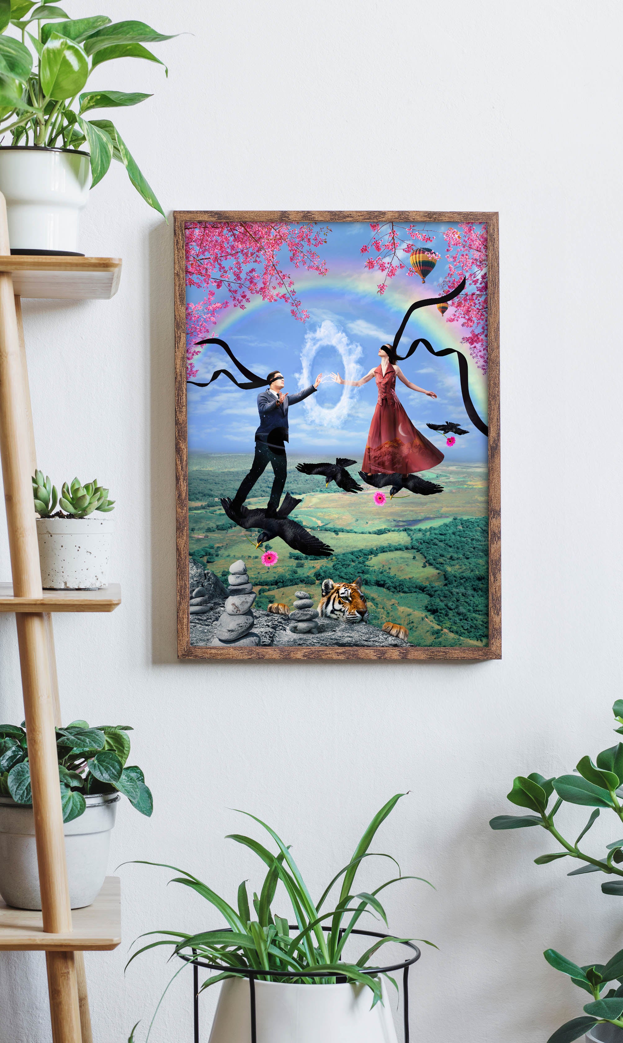 Kolorowy surrealistyczny plakat do salonu z motywem miłości, przedstawiający parę i emocjonalną więź w artystycznym kolażu