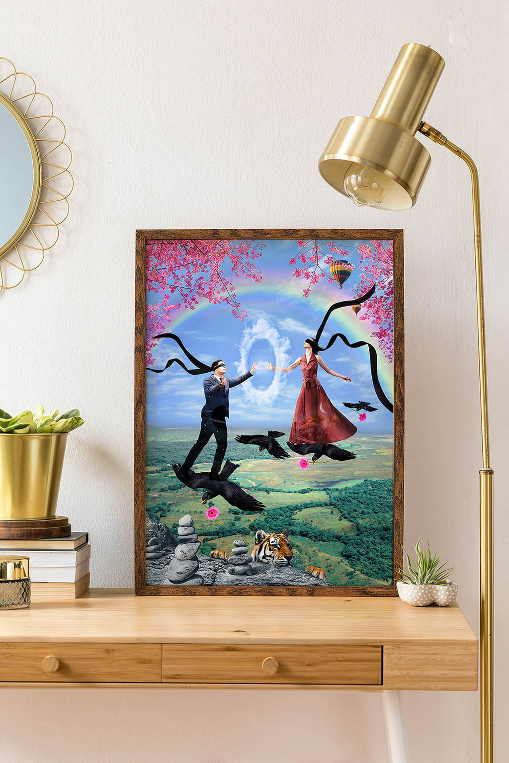 Kolorowa dekoracja ścienna do salonu – surrealistyczny plakat miłosny z parą, symboliką uczuć i artystycznym kolażem