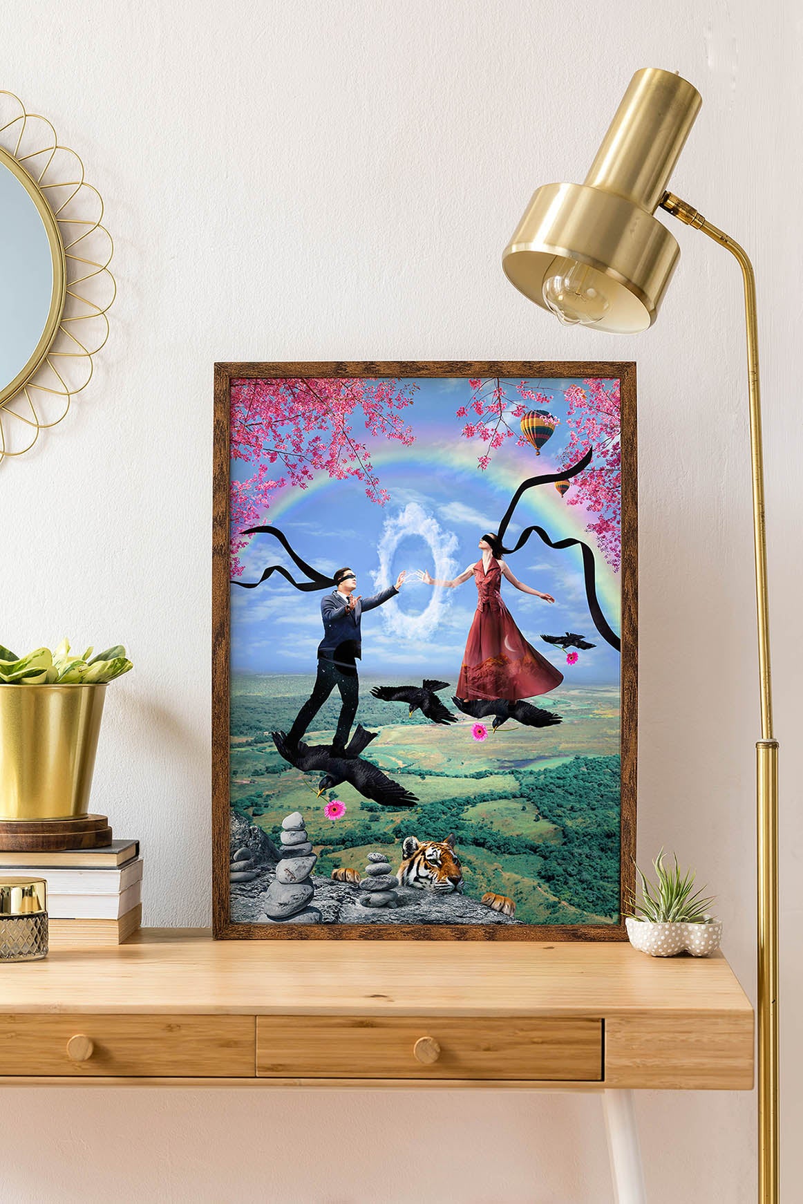 Kolorowa dekoracja ścienna do salonu – surrealistyczny plakat miłosny z parą, symboliką uczuć i artystycznym kolażem