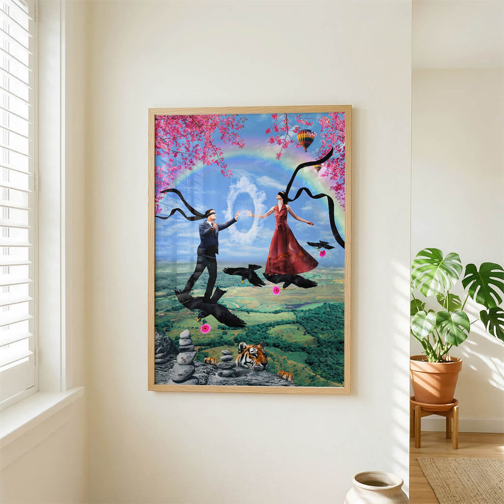 Romantyczny plakat na ścianę do sypialni i salonu – surrealistyczna sztuka przedstawiająca zakochaną parę pełną symboli