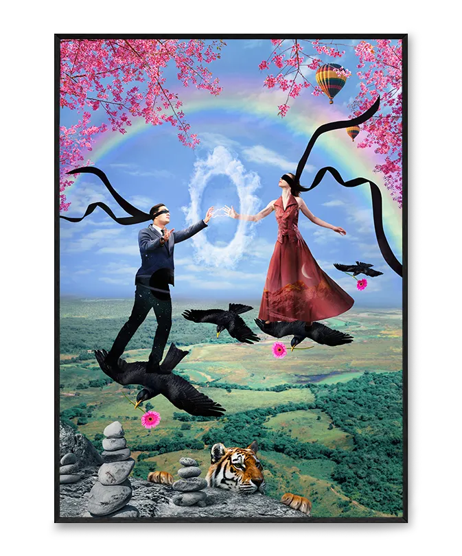 Surrealistyczny plakat „Love Is Blind” z parą z zakrytymi oczami