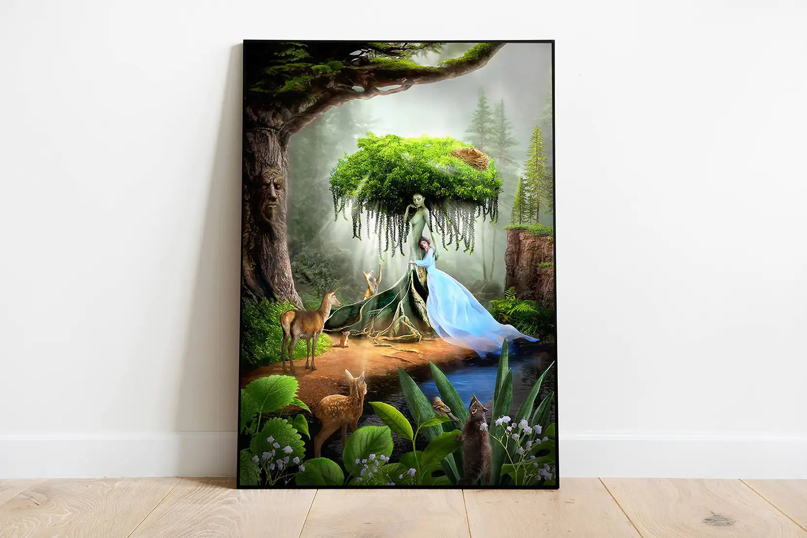 Plakat artystyczny Matka Natura, surrealistyczna grafika na ścianie w nowoczesnym wnętrzu