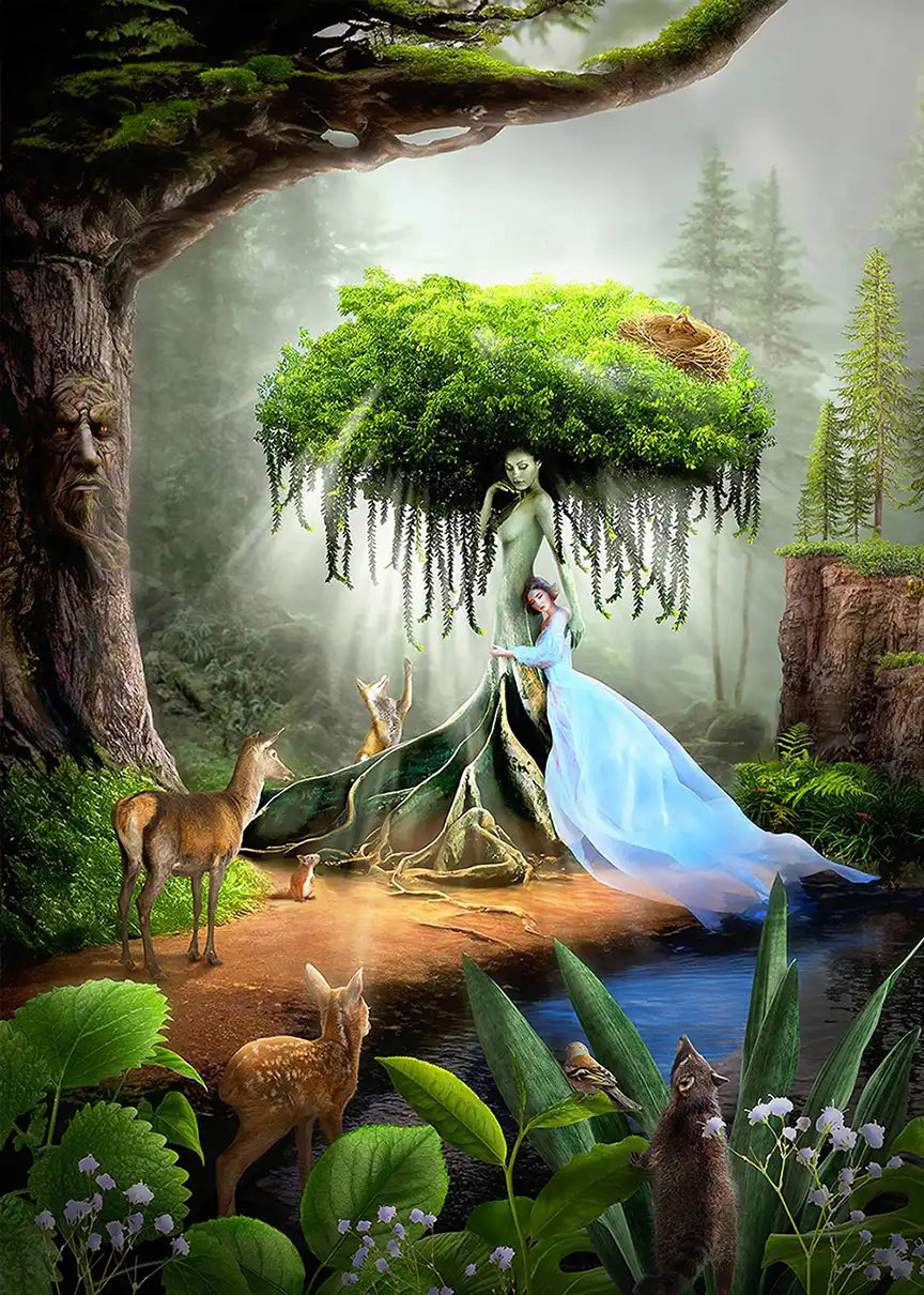 Plakat surrealistyczny Matka Natura, zielony kolaż artystyczny idealny do salonu i wnętrz