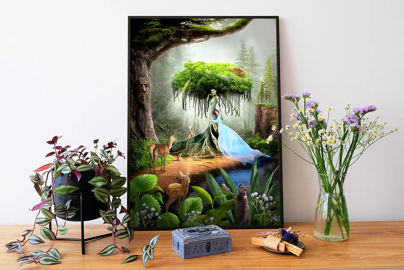 Plakat Matka Natura, zielony surrealistyczny kolaż na półce w salonie