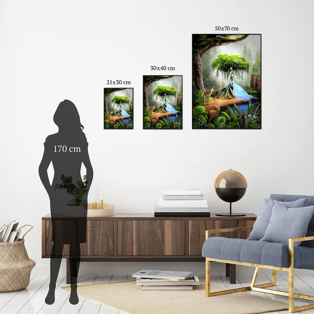 Porównanie trzech rozmiarów plakatu Matka Natura, zielony kolaż surrealistyczny na ścianie